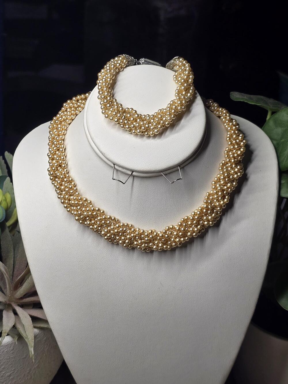 Vintage Mamselle Faux Pearl Necklace & Bracelet Set | Rhinestone Clasp